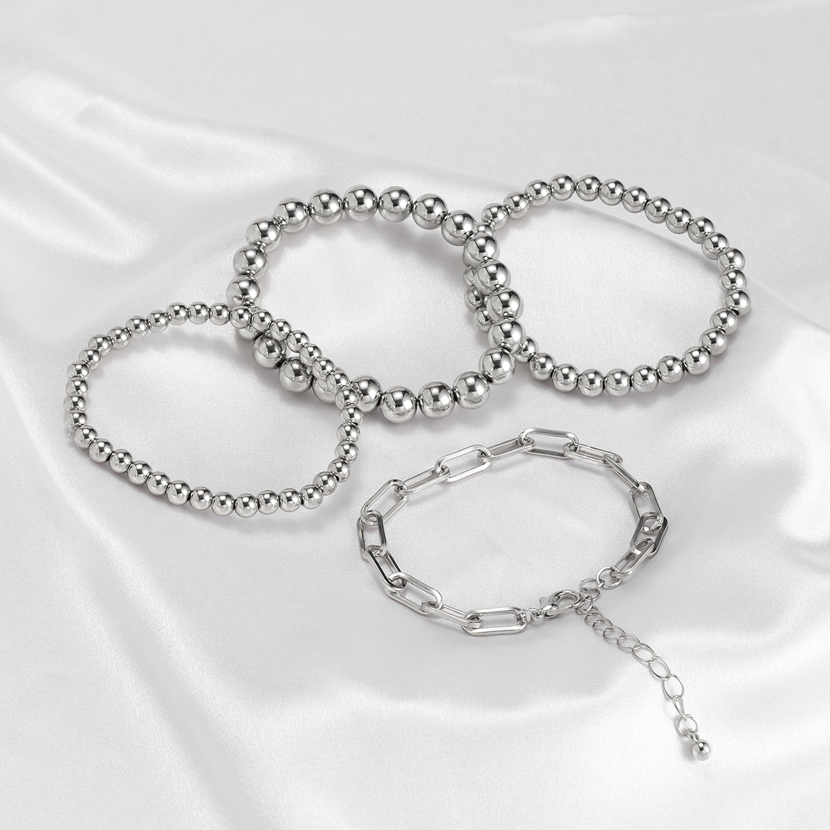 Silver-Plated Beaded Chain Stretch Bracelet Set