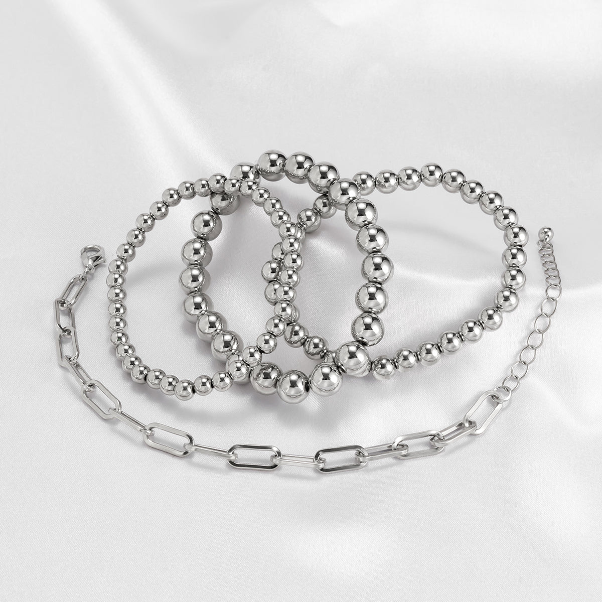 Silver-Plated Beaded Chain Stretch Bracelet Set