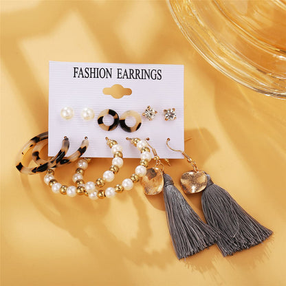 Gray Polyster and Pearl Acrylic 18K Gold-Plated Drop Earrings Set, gold stud earrings for women, side view