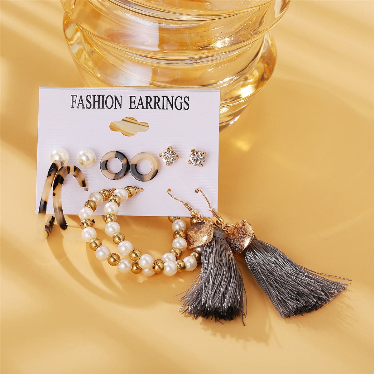 Gray Polyster and Pearl Acrylic 18K Gold-Plated Drop Earrings Set, gold stud earrings for women, detail close-up