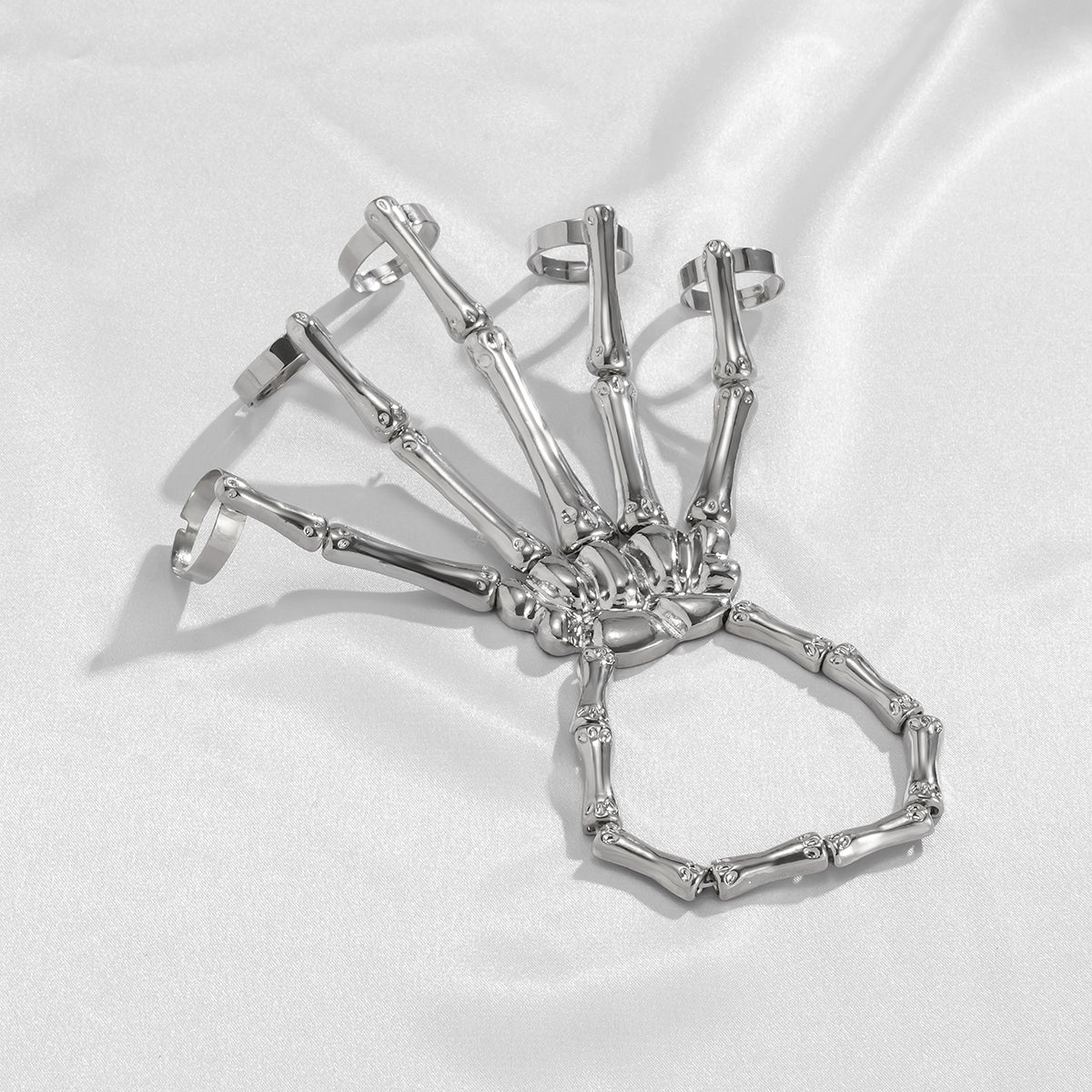 Silver-Plated Skeleton Hand Wrist-To-Ring Bracelet