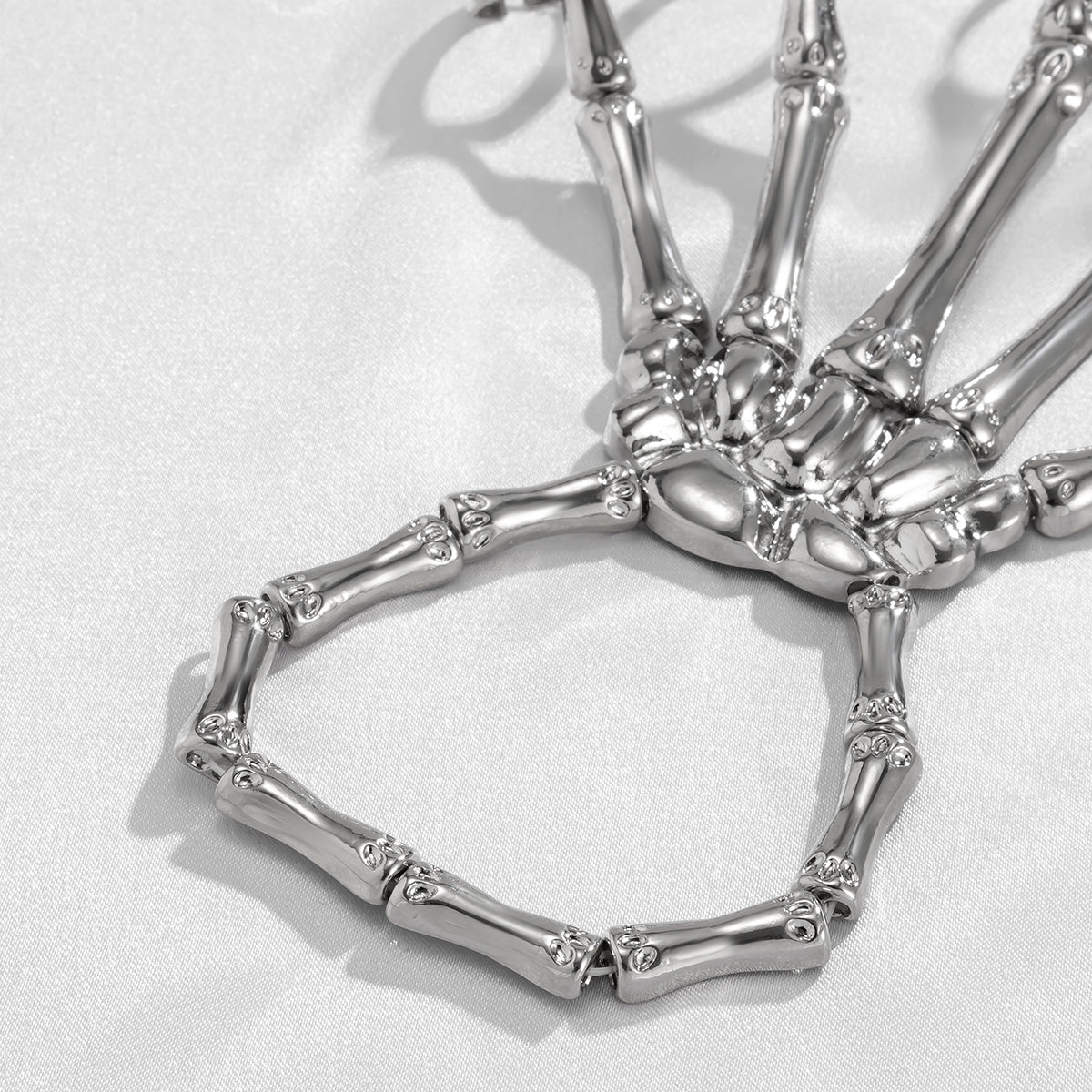 Silver-Plated Skeleton Hand Wrist-To-Ring Bracelet