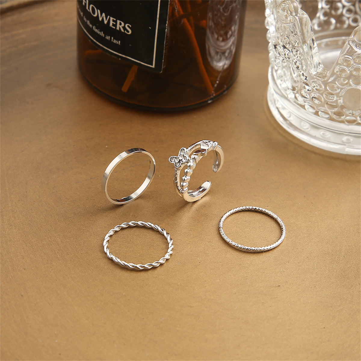 Cubic Zirconia and Silver-Plated Openwork Butterfly Twine Ring Set, jewelry gift sets for women, side view