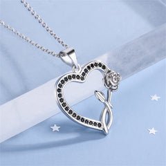 Black Cubic Zirconia & Silver-Plated Rose Heart Pendant Necklace