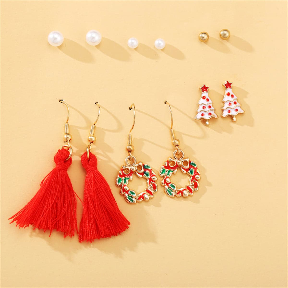 Pearl & Enamel 18K Gold-Plated Christmas Tree Earrings Set