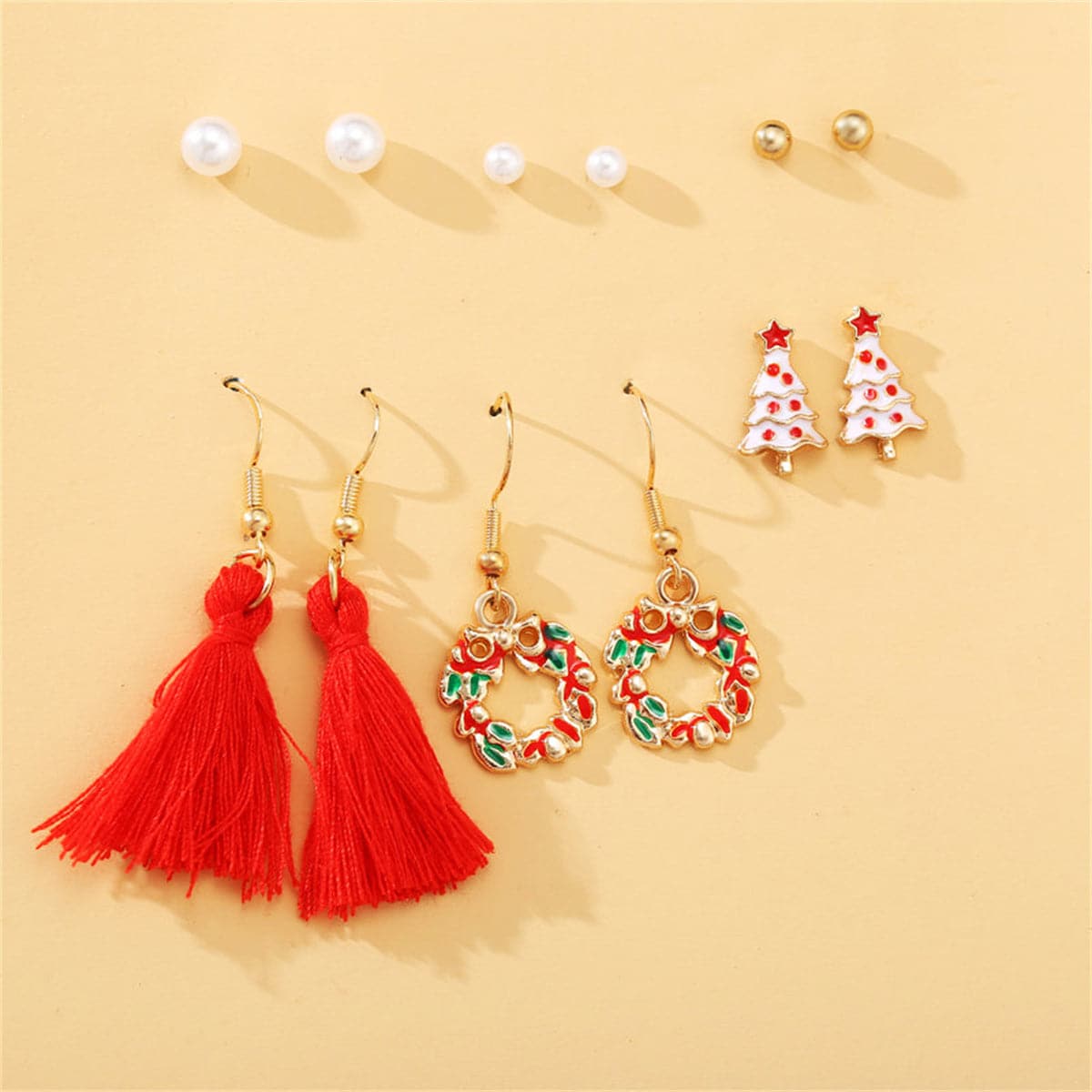 Pearl and Enamel 18K Gold-Plated Christmas Tree Earrings Set, gold stud earrings for women, lifestyle look