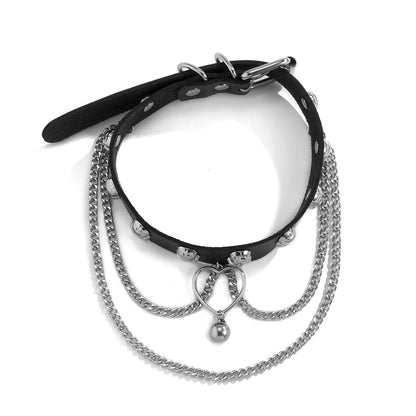 Black Leather and Silver-Plated Skull Station Heart Chain Choker, chunky silver choker necklace, lifestyle look