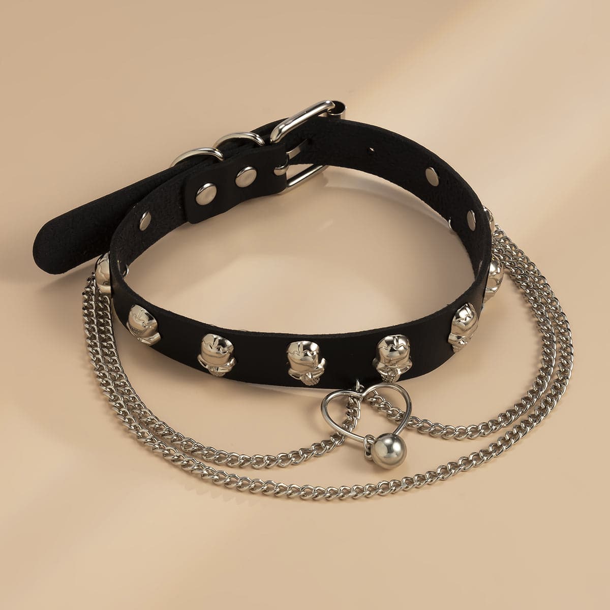 Black Leather and Silver-Plated Skull Station Heart Chain Choker, chunky silver choker necklace, styled look
