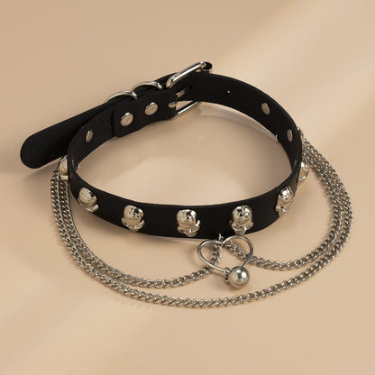 Black Leather and Silver-Plated Skull Station Heart Chain Choker, chunky silver choker necklace, styled look