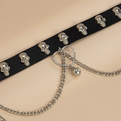 Black Leather & Silver-Plated Skull Station Heart Chain Choker
