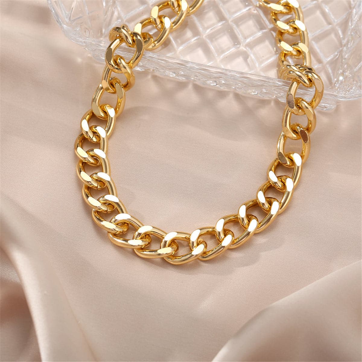 18K Gold-Plated Chunky Curb Chain Necklace, chunky gold choker necklace, botanical inspired, side view