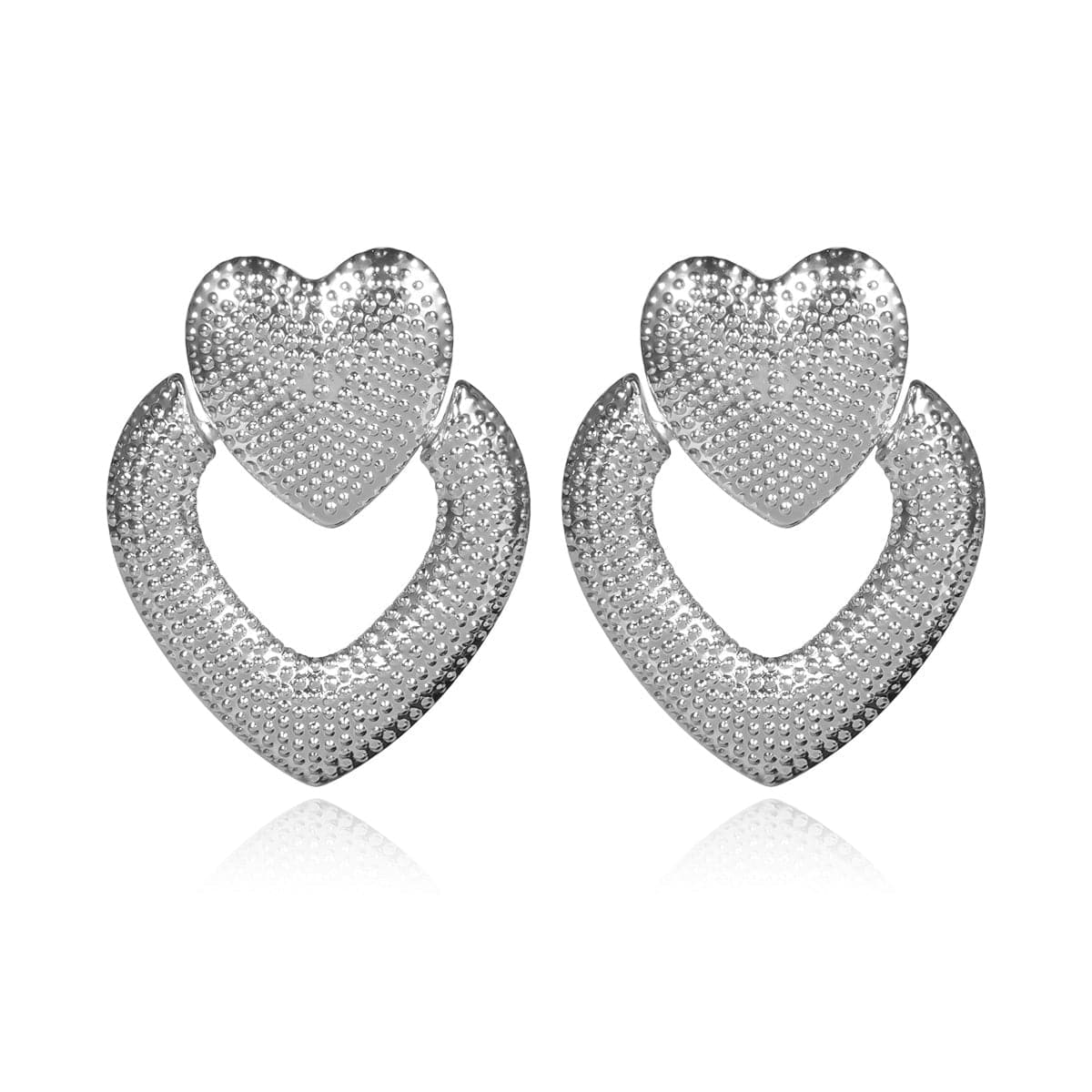 Silver-Plated Textured Open-Heart Drop Earrings, silver drop earrings for women, vintage-inspired design, detail close-up