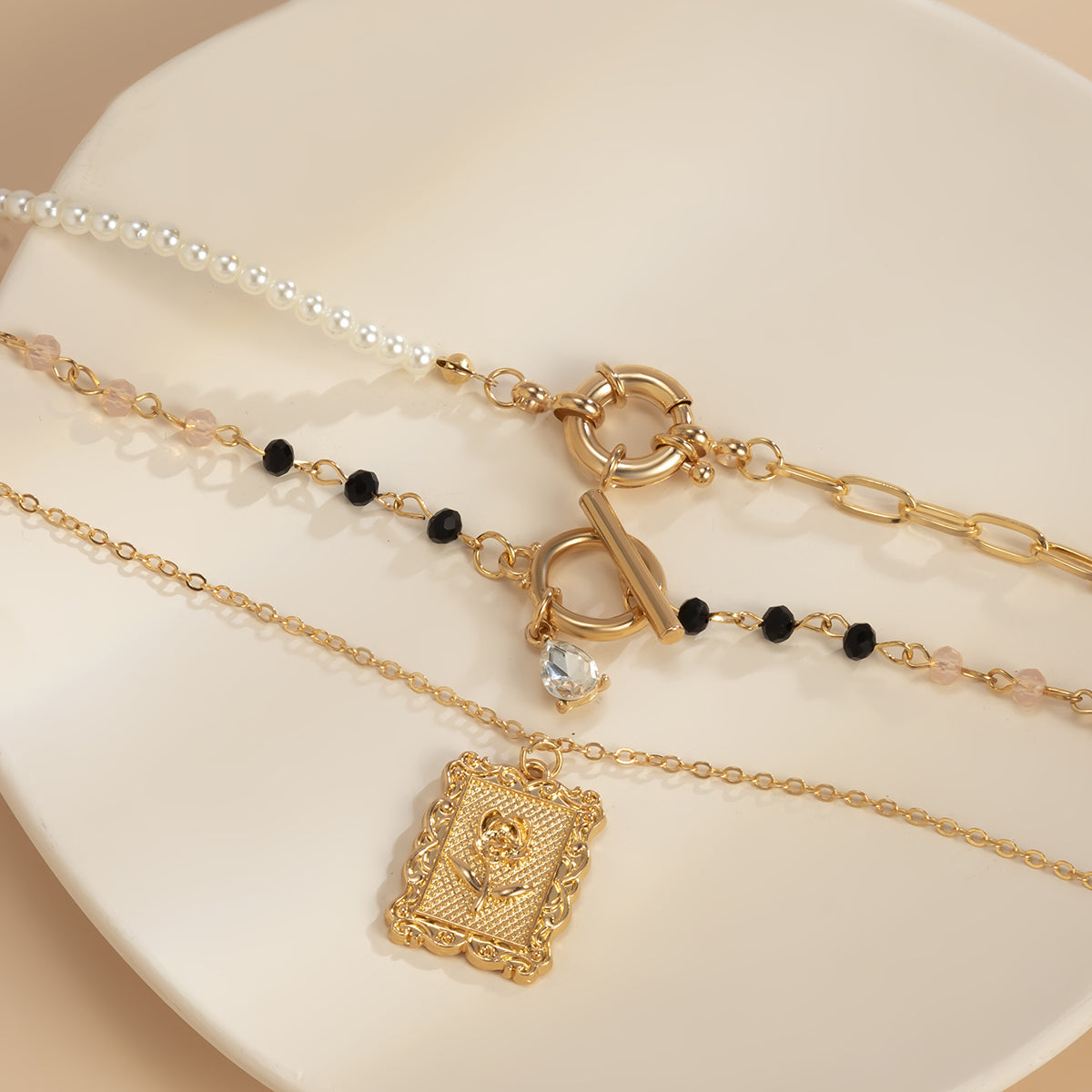Cubic Zirconia & Pearl 18K Gold-Plated Rose Pendant Necklace Set
