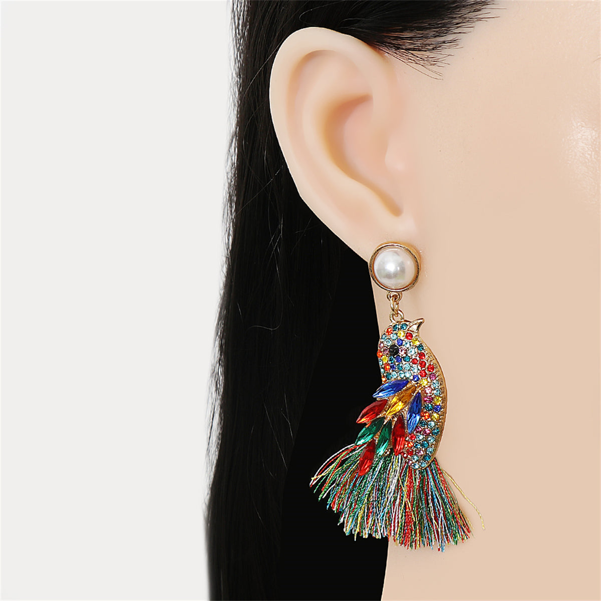 Cubic Zirconia & Crystal Pearl 18K Gold-Plated Bird Fringe Drop Earrings