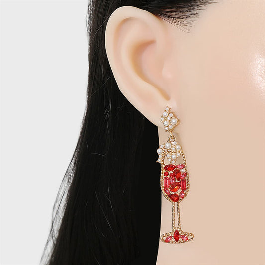 Red Crystal and Cubic Zirconia Pearl Champagne Drop Earrings, drop earrings for women, elegant gift for her, front view