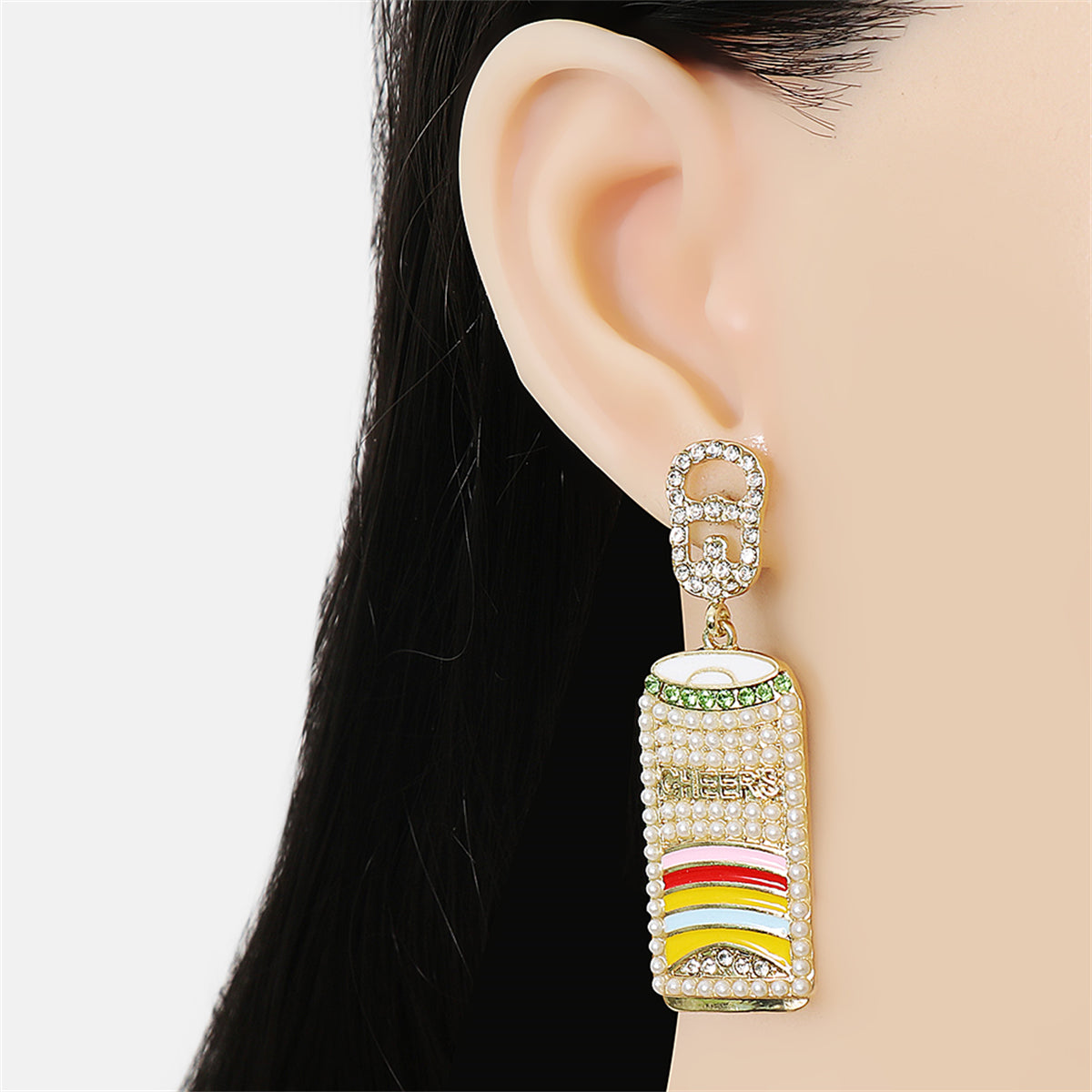 Pearl & Cubic Zirconia Multicolor Enamel Drink Drop Earrings