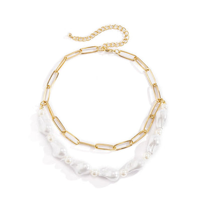 Pearl and 18K Gold-Plated Figaro Layered Necklace, gold pendant necklace for women, dainty minimalist design, lifestyle look