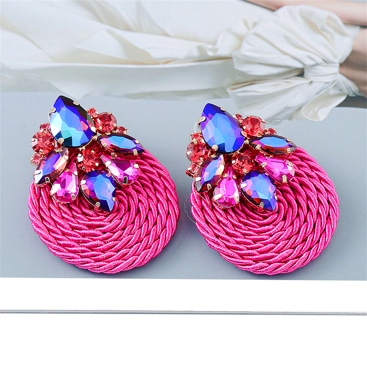 Rose Cubic Zirconia and Crystal Cluster Rope Teardrop Earrings, drop earrings for women, botanical inspired, side view