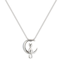 Sterling Silver Moon & Cat Pendant Necklace
