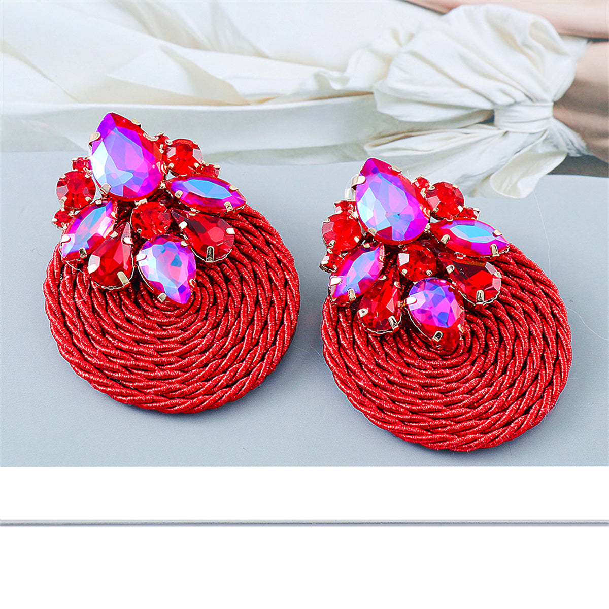 Red Cubic Zirconia and Crystal Cluster Rope Teardrop Earrings, drop earrings for women, botanical inspired, detail close-up