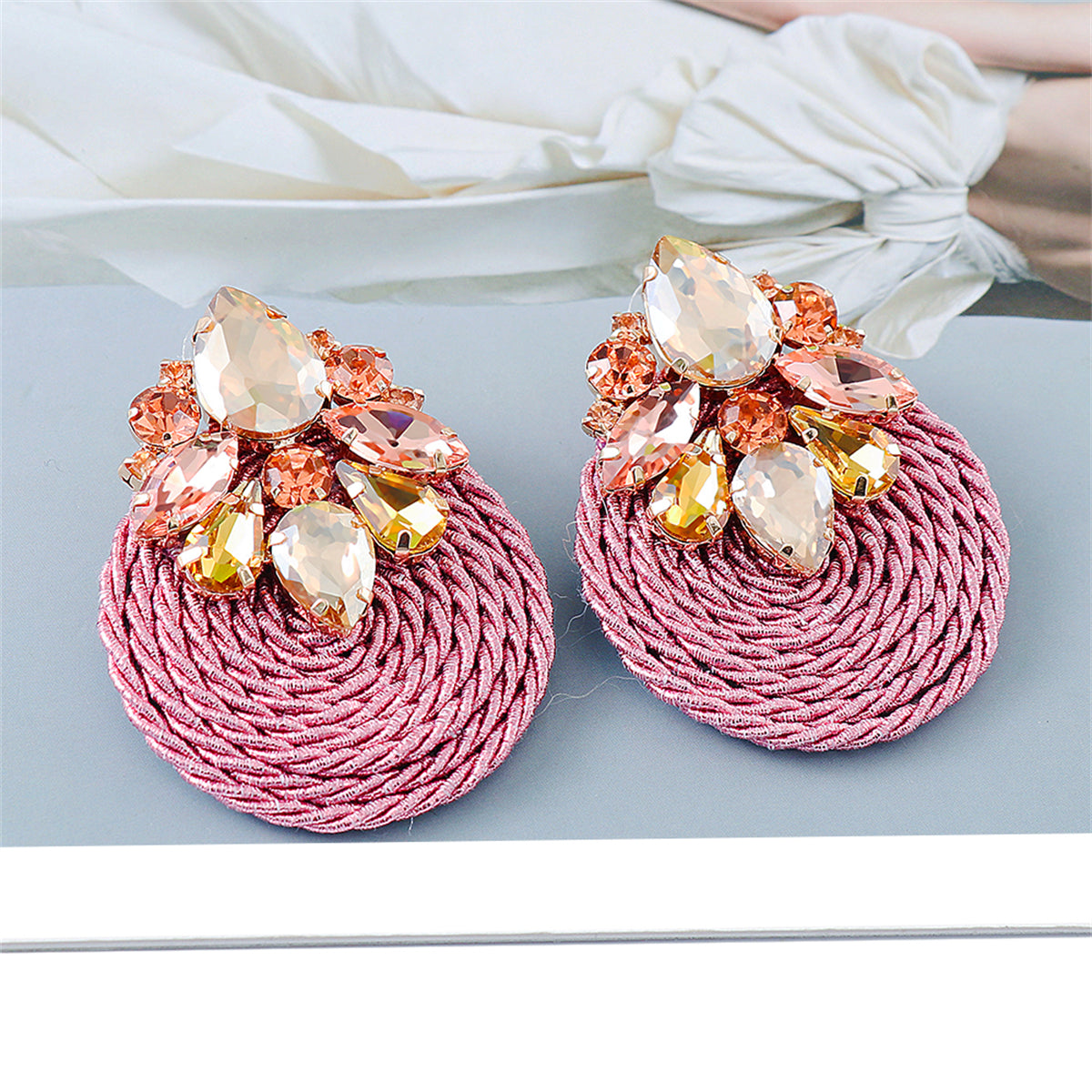 Light Pink Cubic Zirconia & Crystal Cluster Rope Teardrop Earrings