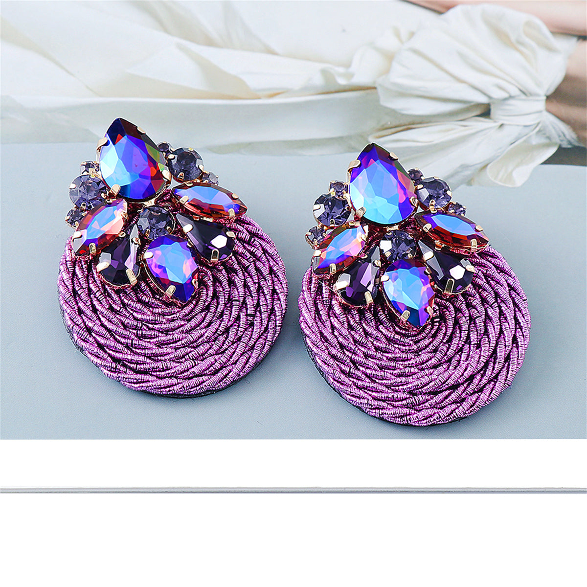 Purple and Blue Crystal Round Rope Drop Earrings, drop earrings for women, vintage-inspired design, detail close-up