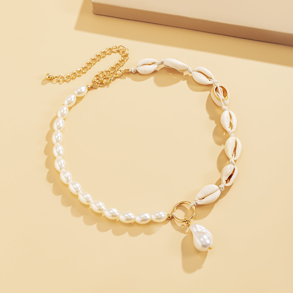 Shell and Pearl Drop Patchwork Choker Necklace, pendant necklace for women, dainty minimalist design, lifestyle look