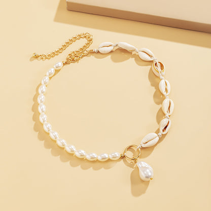 Shell and Pearl Drop Patchwork Choker Necklace, pendant necklace for women, dainty minimalist design, lifestyle look