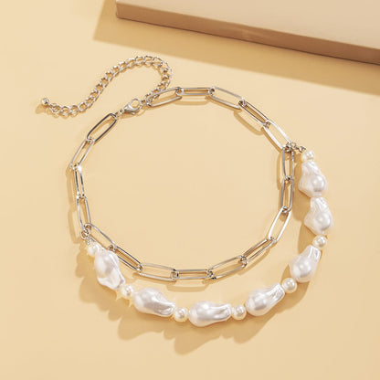 Pearl and 18K Gold-Plated Figaro Layered Necklace, gold pendant necklace for women, dainty minimalist design, styled look