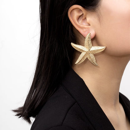18K Gold-Plated Starfish Drop Earrings, gold stud earrings for women, elegant gift for her, front view