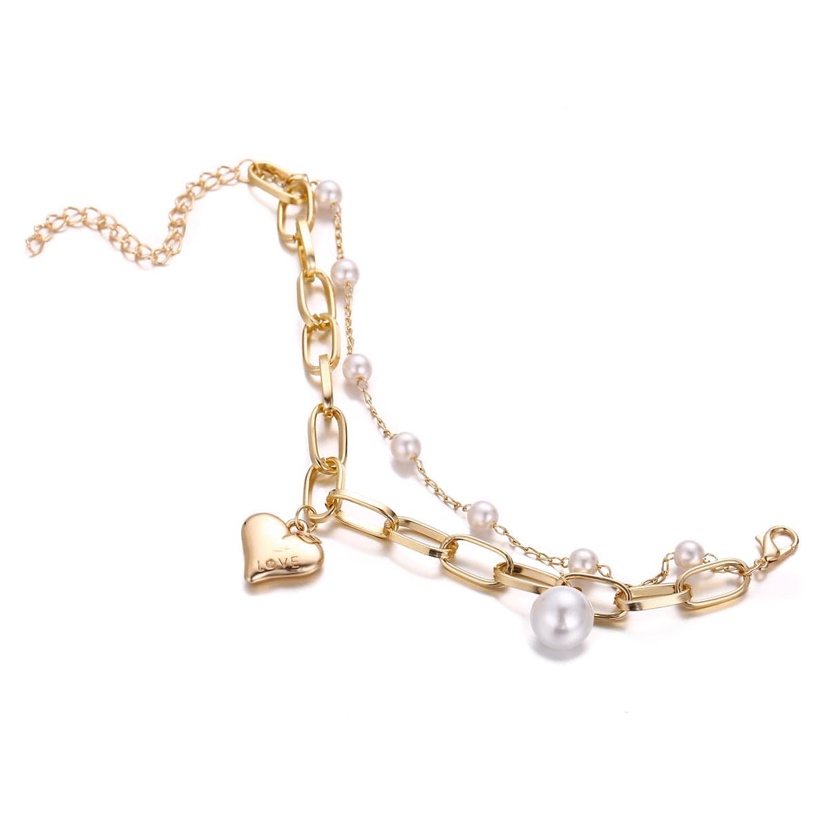 Pearl & 18K Gold-Plated Heart Charm Chain Bracelet