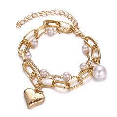 Pearl & 18K Gold-Plated Heart Charm Chain Bracelet