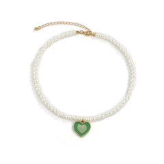 Pearl & Green Enamel 18K Gold-Plated Heart Pendant Beaded Necklace