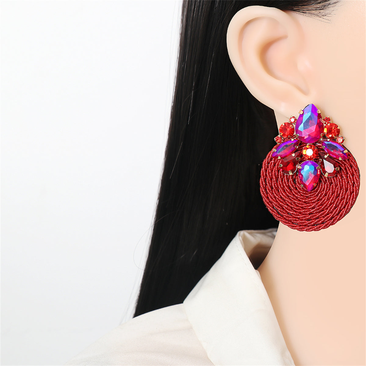 Red Cubic Zirconia and Crystal Cluster Rope Teardrop Earrings, drop earrings for women, botanical inspired, lifestyle look