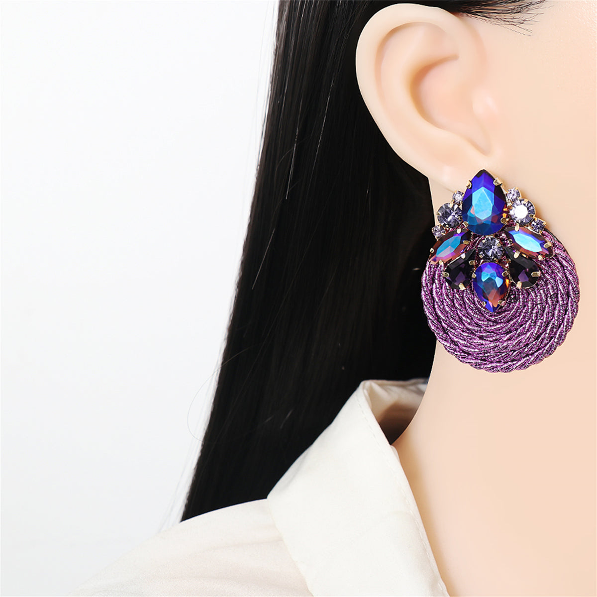 Purple and Blue Crystal Round Rope Drop Earrings, drop earrings for women, vintage-inspired design, lifestyle look