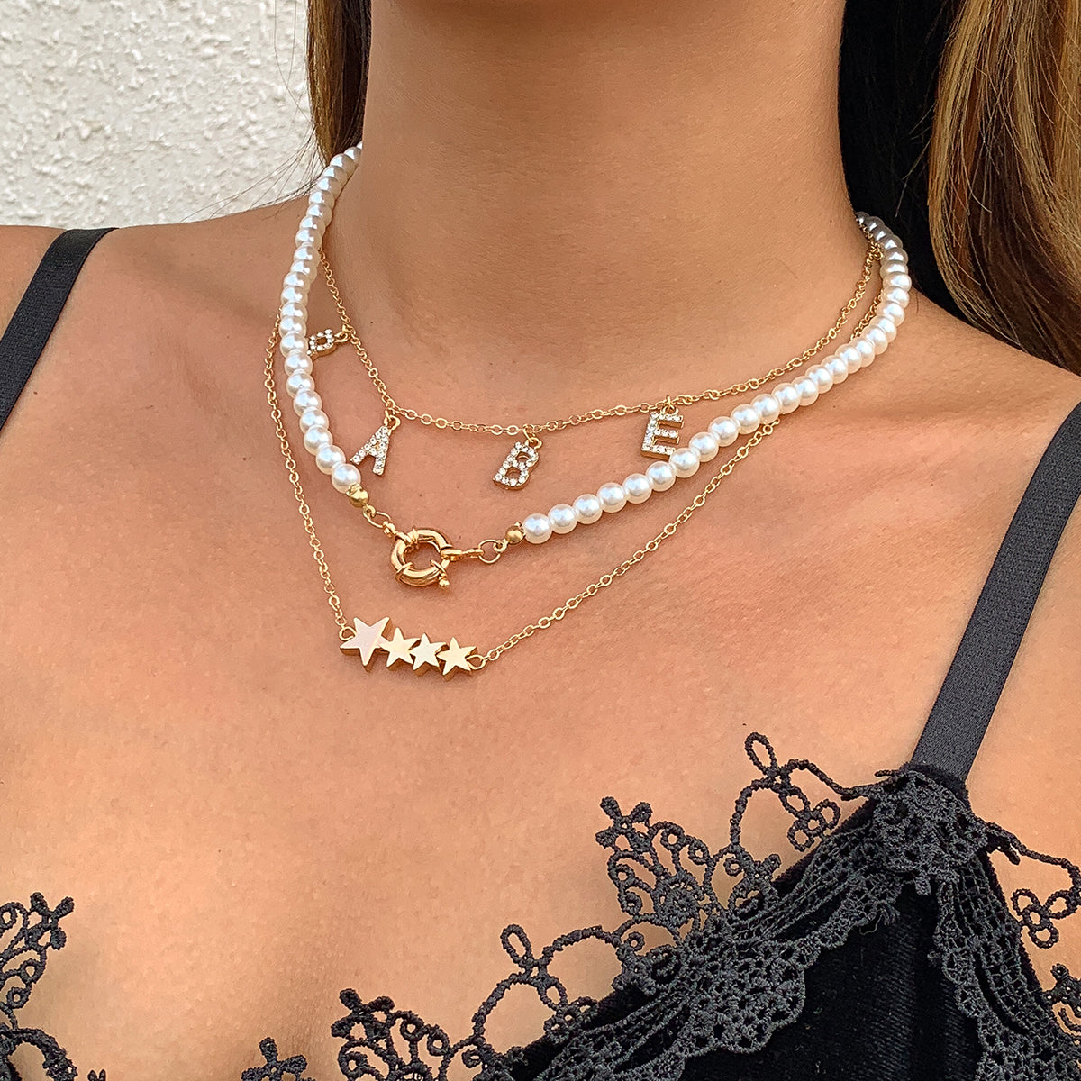 Pearl and Cubic Zirconia 18K Gold-Plated 'Babe' Star Necklace Set, jewelry gift sets for women, front view