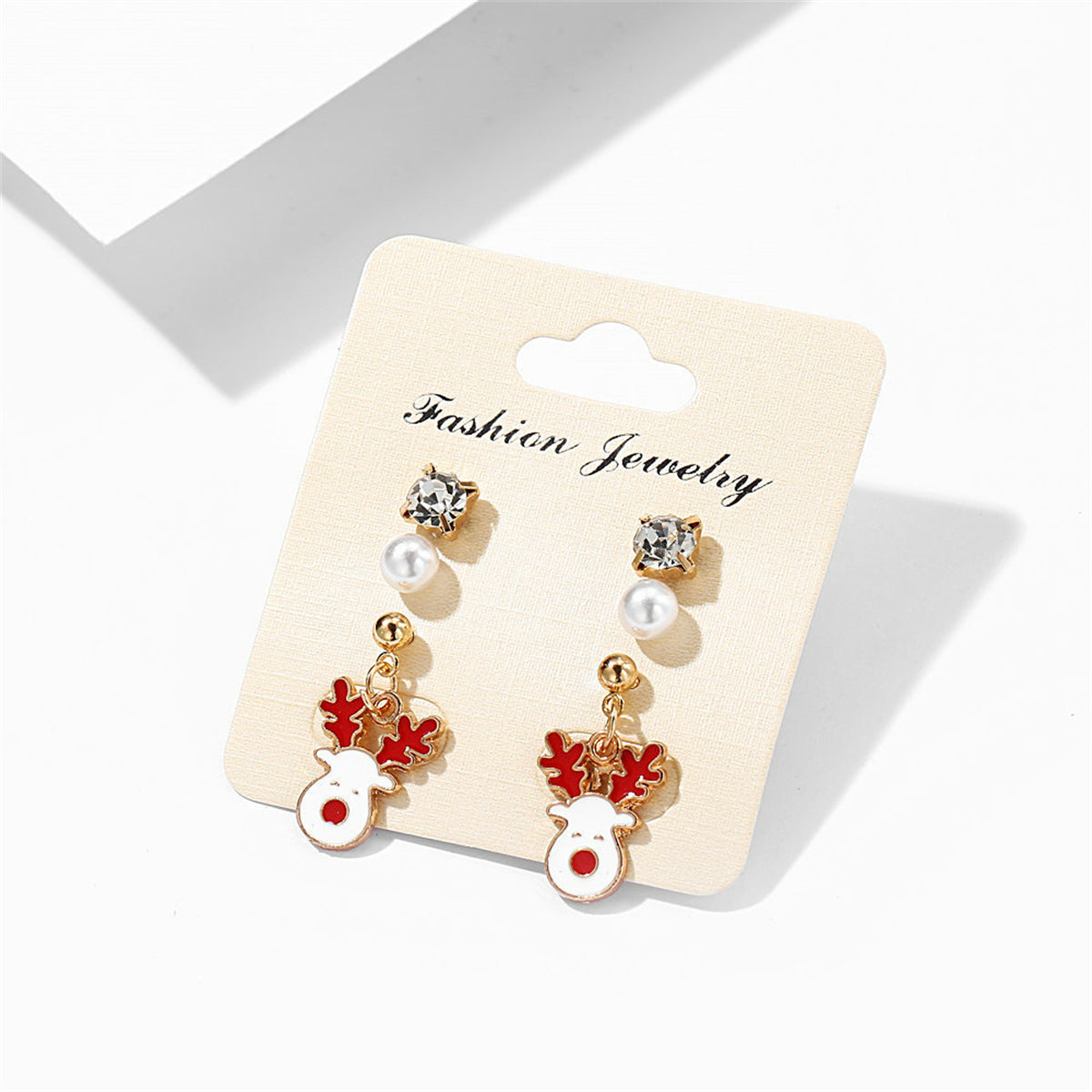 Cubic Zirconia and Pearl Enamel 18K Gold-Plated Reindeer Dangle Earring, gold stud earrings for women, side view