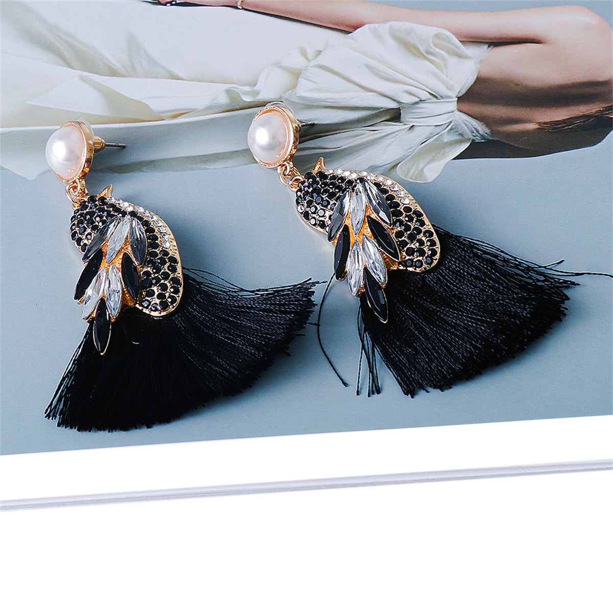 Black Crystal & Cubic Zirconia Tassel Bird Drop Earrings