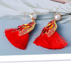 Red Crystal & Cubic Zirconia Pearl Bird Tassel Drop Earrings