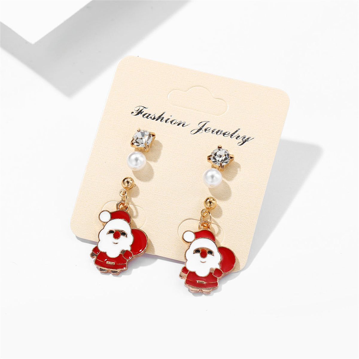 Cubic Zirconia and Pearl Enamel 18K Gold-Plated Santa Dangle Earring, gold stud earrings for women, detail close-up