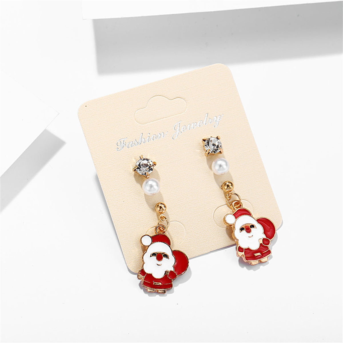 Cubic Zirconia and Pearl Enamel 18K Gold-Plated Santa Dangle Earring, gold stud earrings for women, front view