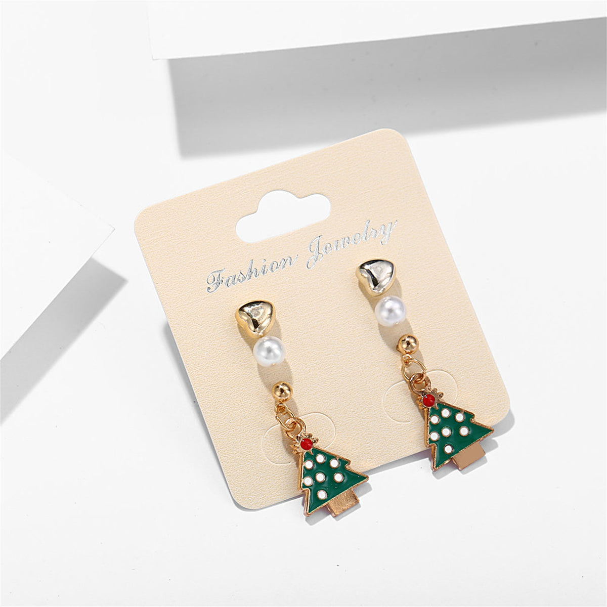 Pearl and Enamel 18K Gold-Plated Christmas Tree Earring Set, gold stud earrings for women, front view