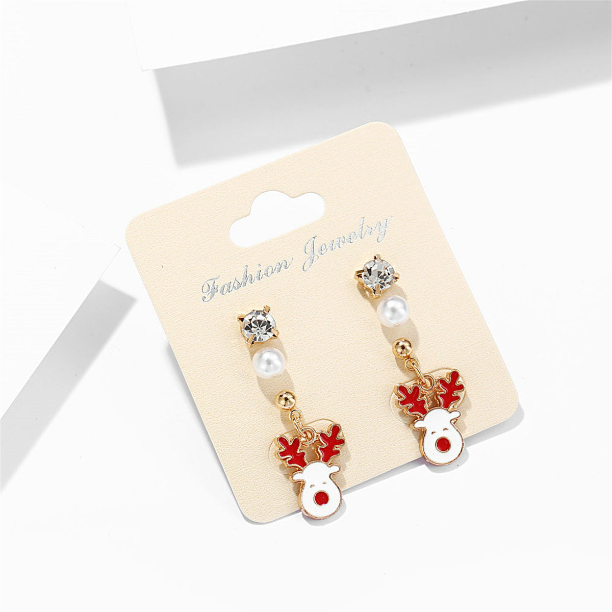 Cubic Zirconia and Pearl Enamel 18K Gold-Plated Reindeer Dangle Earring, gold stud earrings for women, detail close-up
