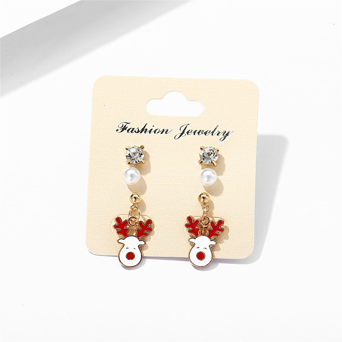 Cubic Zirconia and Pearl Enamel 18K Gold-Plated Reindeer Dangle Earring, gold stud earrings for women, lifestyle look