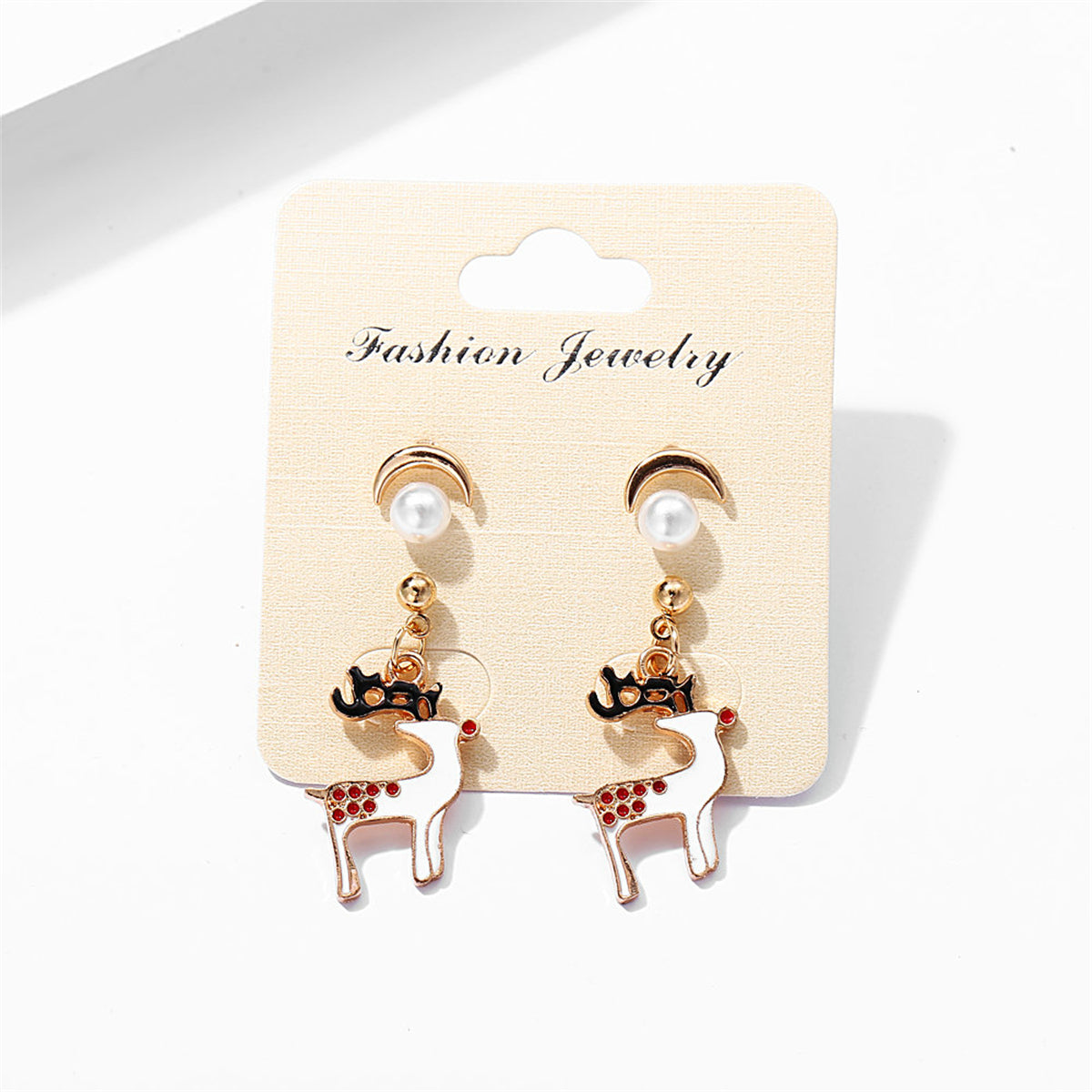 Pearl & Enamel 18K Gold-Plated Reindeer Earring Set