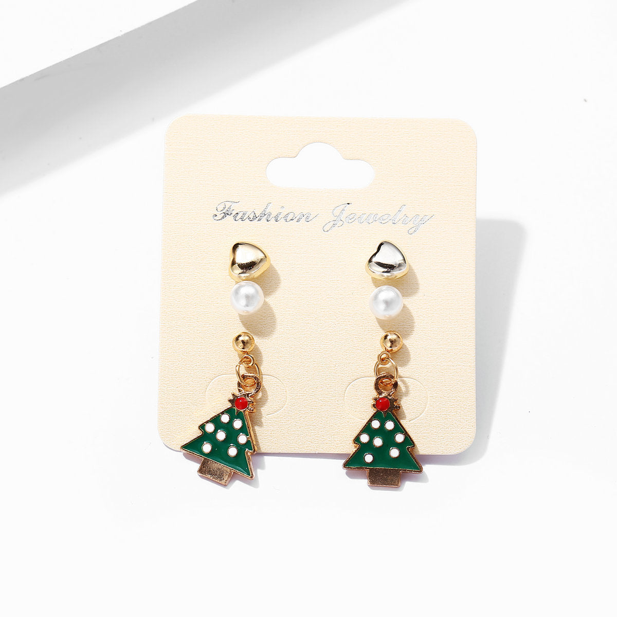 Pearl and Enamel 18K Gold-Plated Christmas Tree Earring Set, gold stud earrings for women, side view
