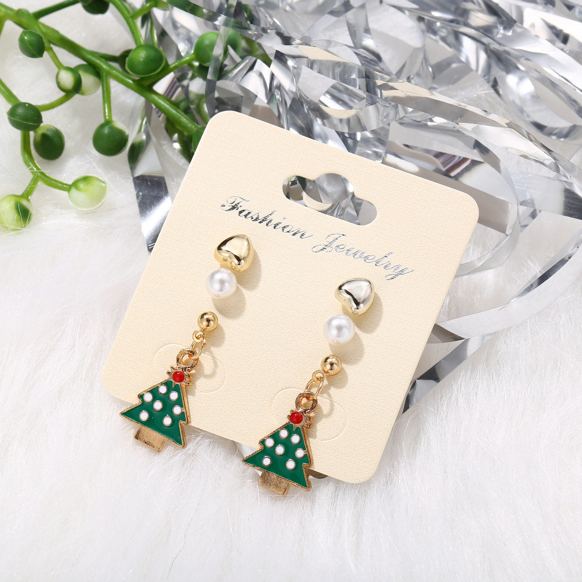 Pearl and Enamel 18K Gold-Plated Christmas Tree Earring Set, gold stud earrings for women, detail close-up