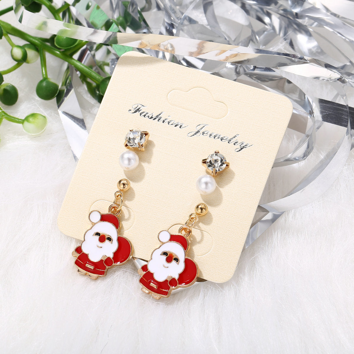 Cubic Zirconia and Pearl Enamel 18K Gold-Plated Santa Dangle Earring, gold stud earrings for women, styled look