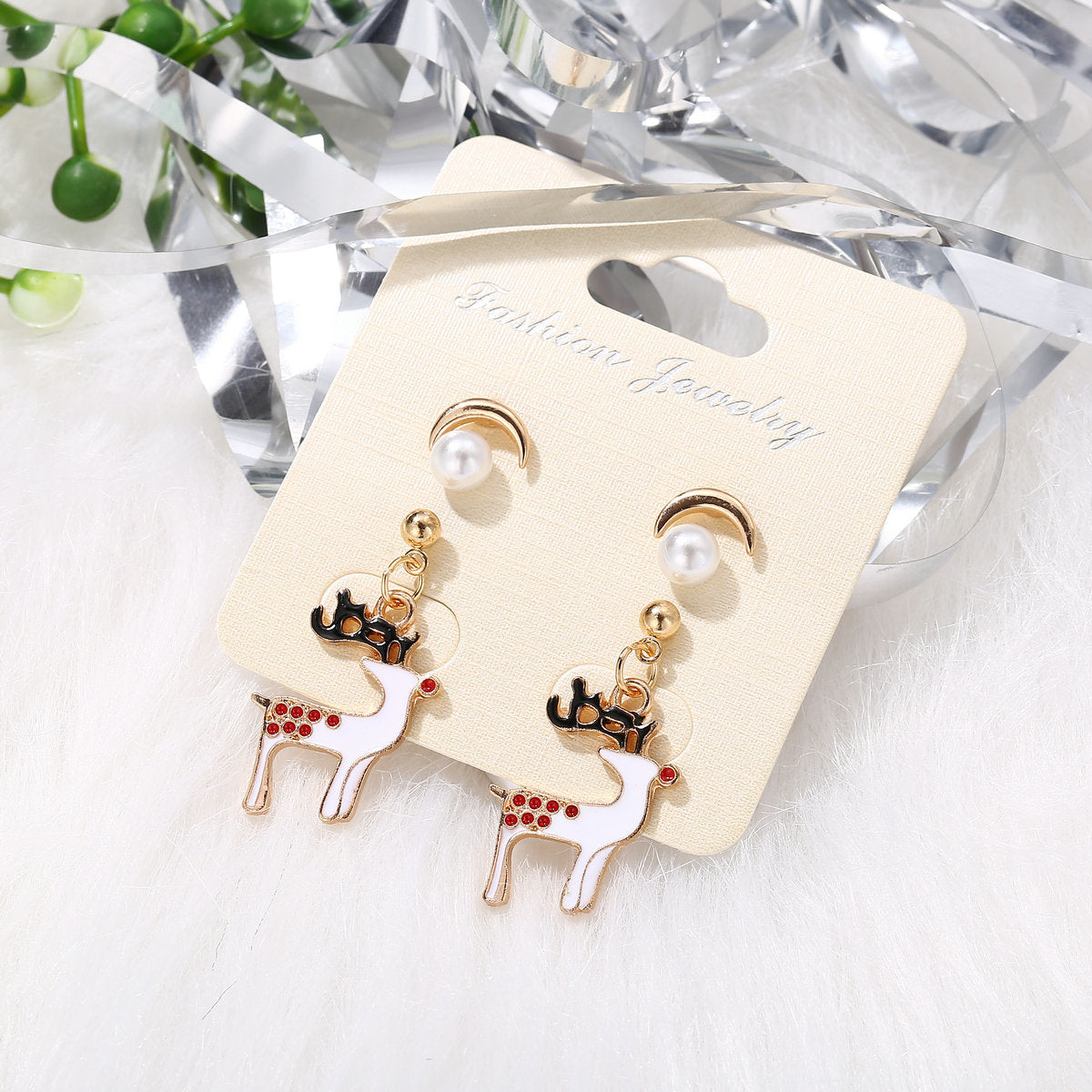 Pearl & Enamel 18K Gold-Plated Reindeer Earring Set