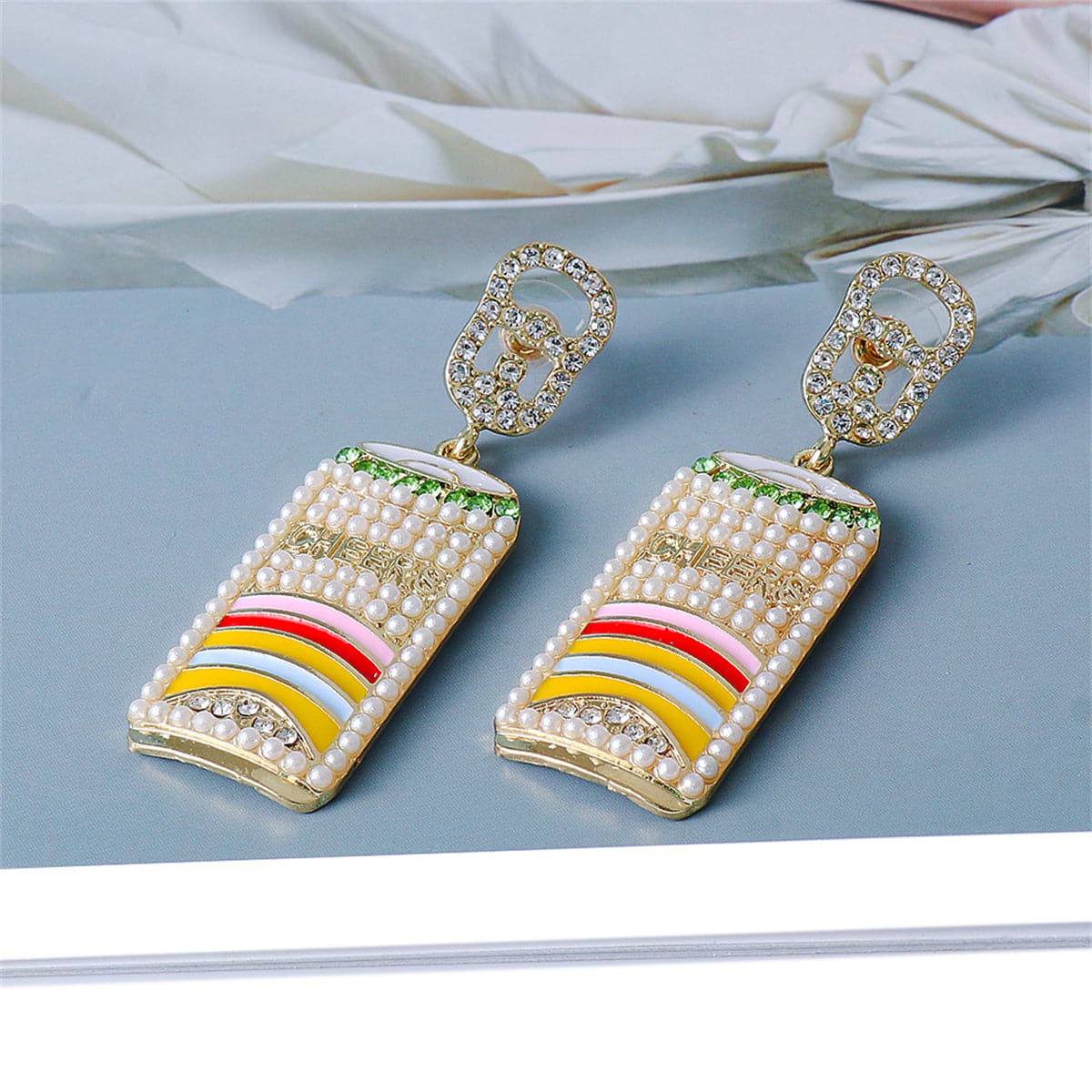 Pearl & Cubic Zirconia Multicolor Enamel Drink Drop Earrings